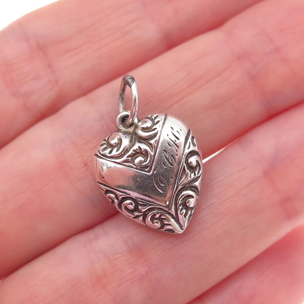 925 Sterling Silver Antique Art Deco Engraved Chatelaine Heart Charm Pendant